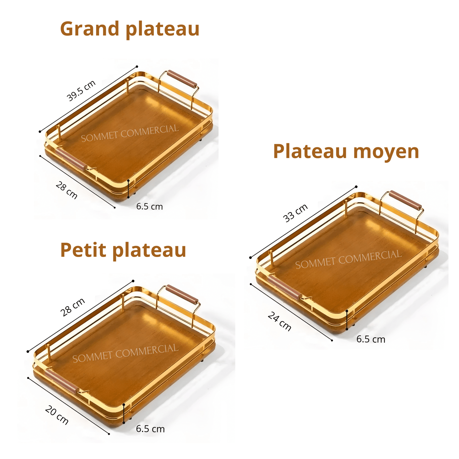 Série de 3 plateaux en bois avec un contour métallique – Image 2