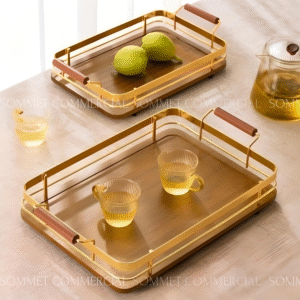 Série de 3 plateaux en bois avec un contour métallique