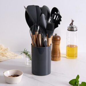 Ensemble d’Ustensiles de Cuisine en Silicone – 12 Pièces avec Poignées Anti-Brûlure et Antidérapantes