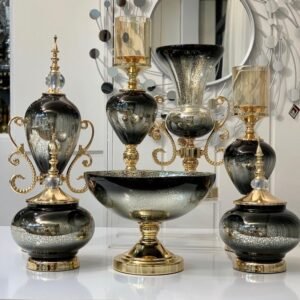 Ensemble d’Accessoires de Console de Salon 7 Pièces – Doré & Noir – Modèle Original et Luxueux