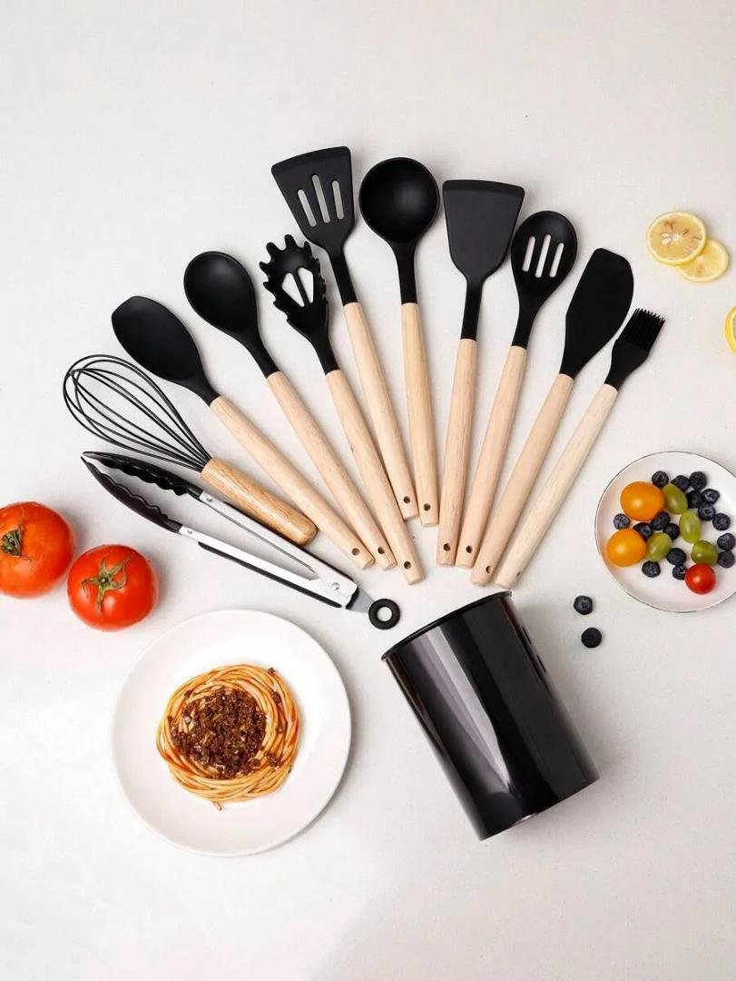 Ensemble d’Ustensiles de Cuisine en Silicone – 12 Pièces avec Poignées Anti-Brûlure et Antidérapantes