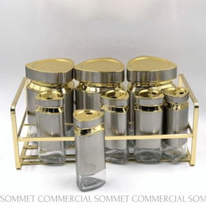Set de 8 Pots à Épices en Verre avec Support Inox Doré – Organisation et Élégance en Cuisine