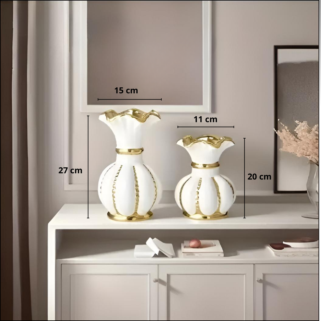 Set de 2 Vases de Luxe Blancs et Dorés – Forme Cylindrique Moderne avec Col Resserré – Image 3