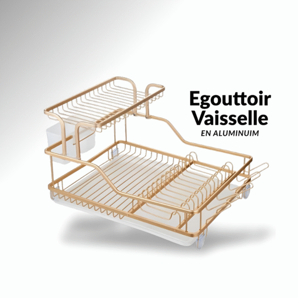 Égouttoir Vaisselle 2 Niveaux en Alliage d’Aluminium – Grande Capacité avec Drainage Automatique et Accessoires Multifonctions 6 - Doré