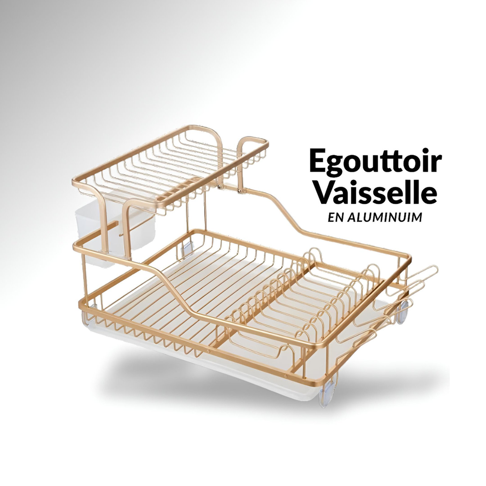 Égouttoir Vaisselle 2 Niveaux en Alliage d’Aluminium – Grande Capacité avec Drainage Automatique et Accessoires Multifonctions 6 - Doré