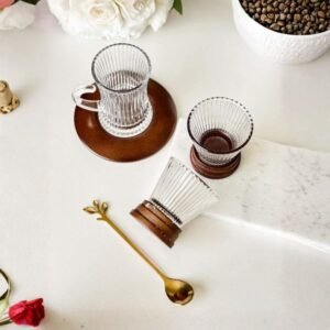 Service de 12 verres à thé – 6 tasses à thé et 6 mini-verres avec bases en bois encastrées – Motif Cannelé