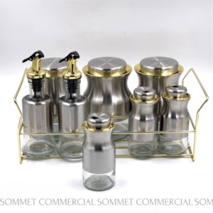Set de 8 Pots à Épices en Verre avec Support Inox Doré – Organisation et Élégance en Cuisine