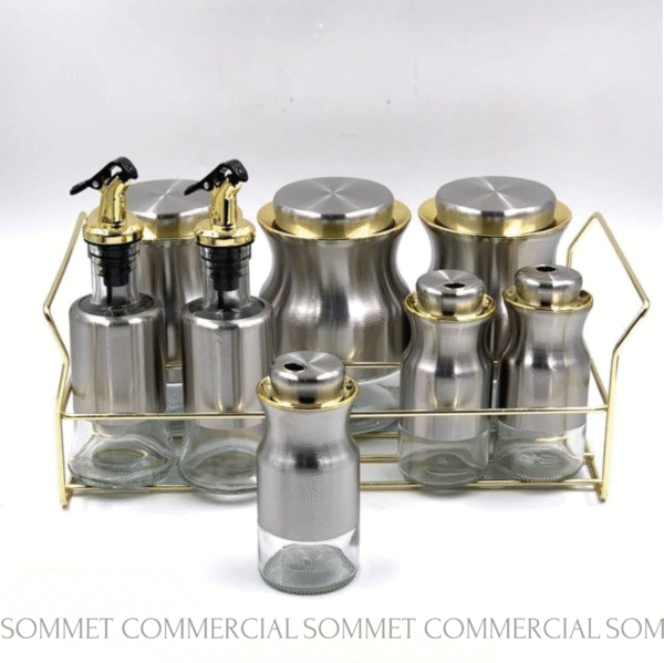 Set de 8 Pots à Épices en Verre avec Support Inox Doré – Organisation et Élégance en Cuisine