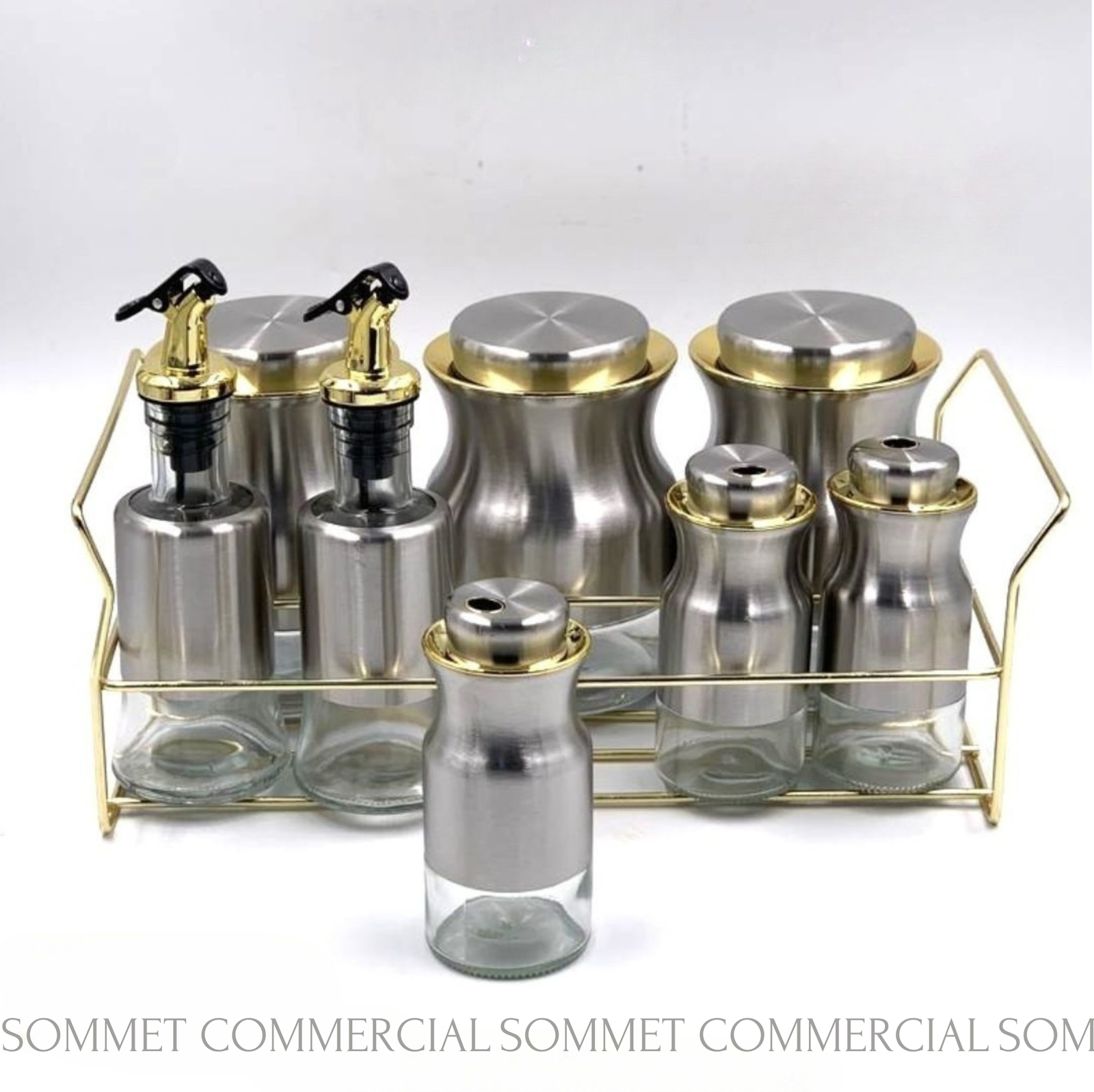 Set de 8 Pots à Épices en Verre avec Support Inox Doré – Organisation et Élégance en Cuisine