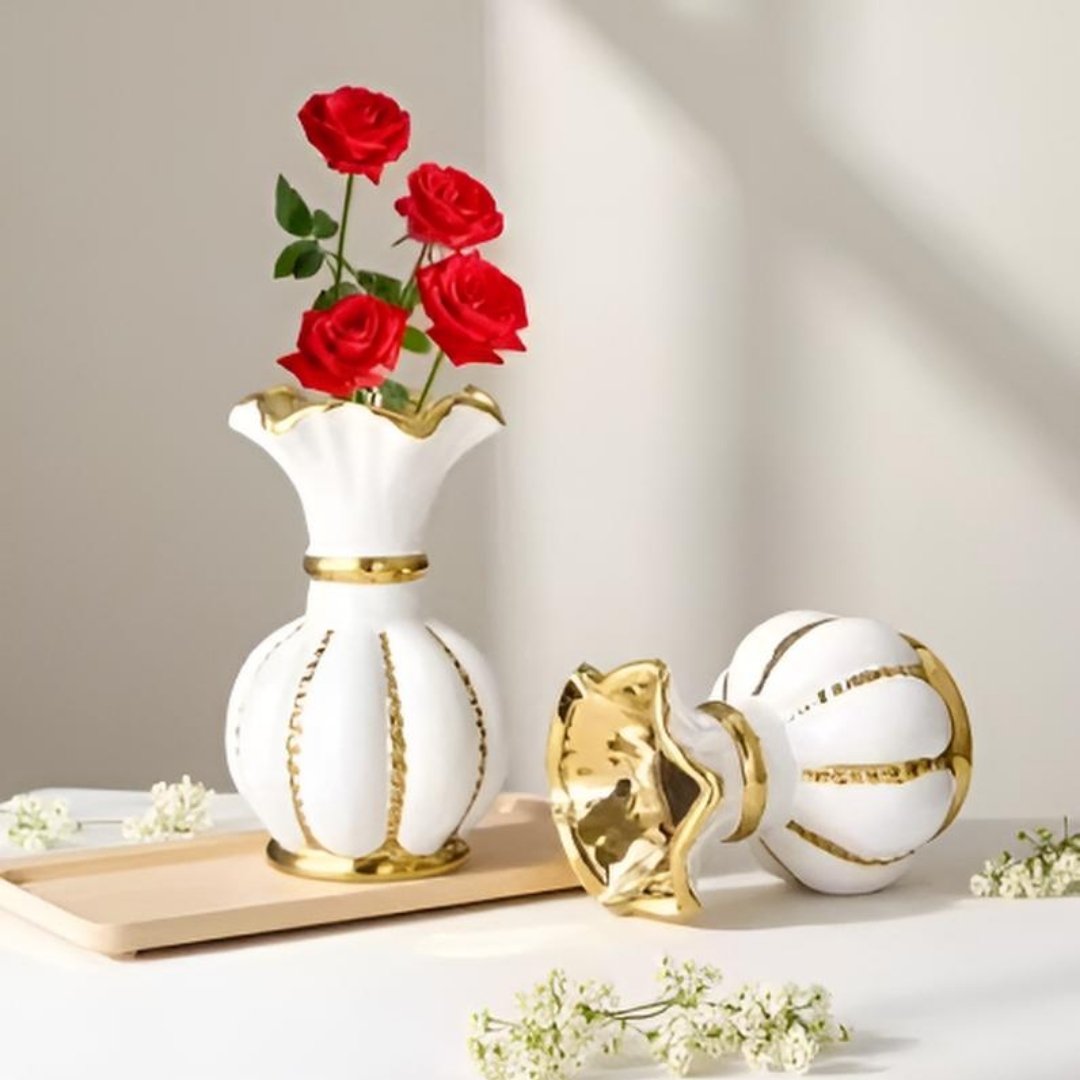 Set de 2 Vases de Luxe Blancs et Dorés – Forme Cylindrique Moderne avec Col Resserré