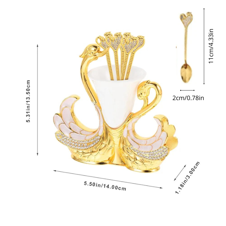 Ensemble de Cuillères sur Pied en Forme de Cygne – 6 Cuillères avec Support Doré Élégant – Image 4