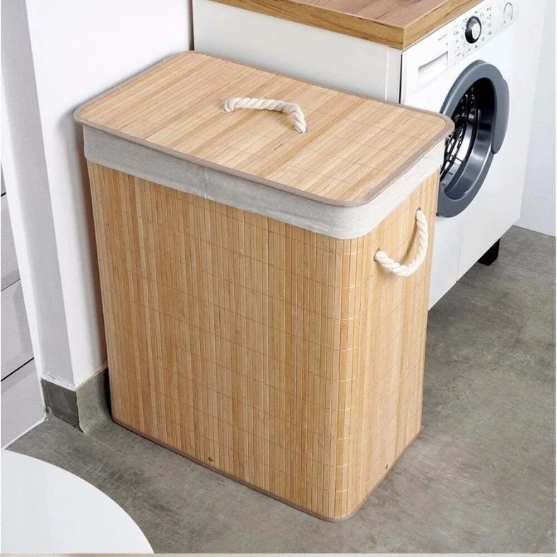 Panier à linge en bambou 90L avec 2 compartiments et couvercle – Pratique et écologique