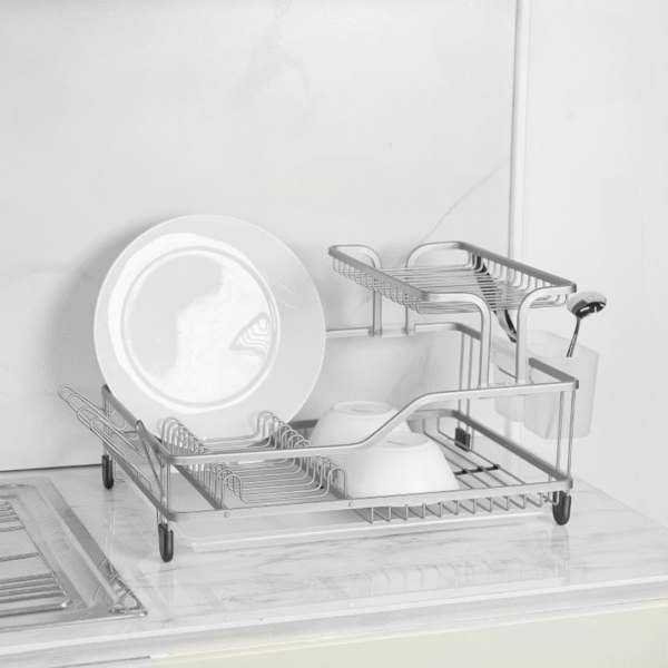 Égouttoir Vaisselle 2 Niveaux en Alliage d’Aluminium – Grande Capacité avec Drainage Automatique et Accessoires Multifonctions 6 - Argent