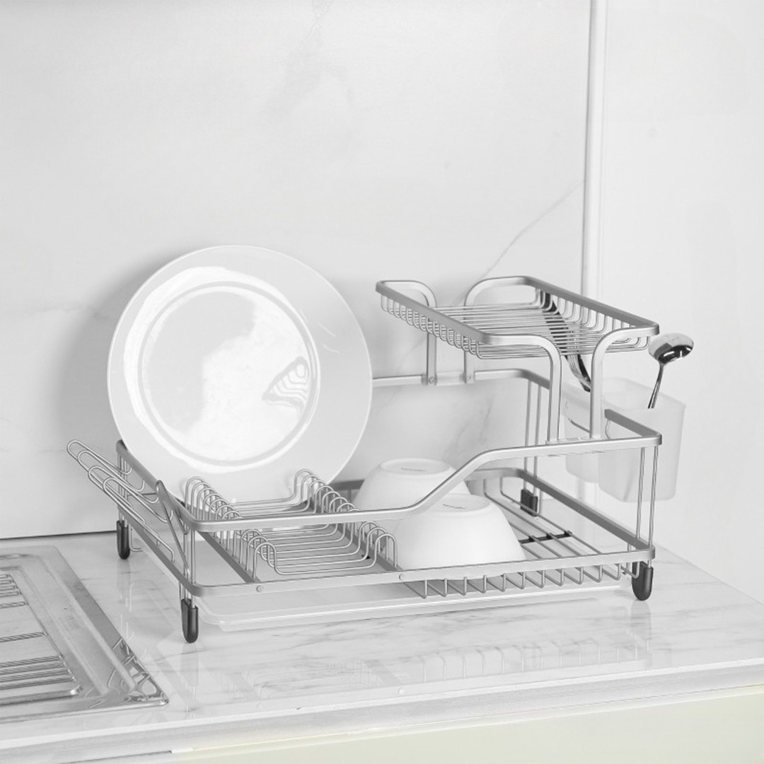 Égouttoir Vaisselle 2 Niveaux en Alliage d’Aluminium – Grande Capacité avec Drainage Automatique et Accessoires Multifonctions 6 - Argent