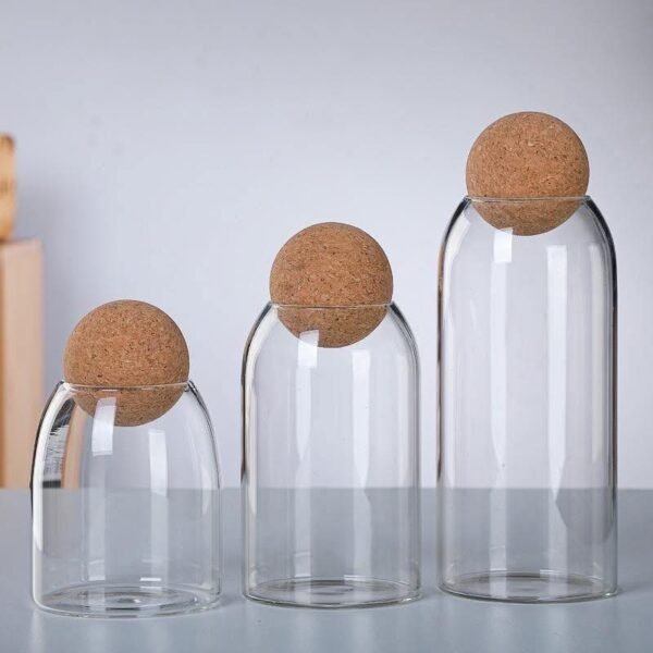 Set de 3 Bocaux en Verre avec Bouchon Sphérique en Liège et Couvercle en Bois Hermétique – Image 2