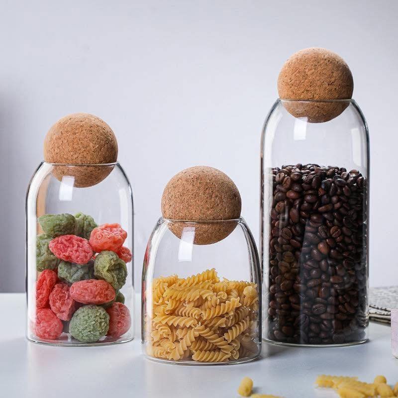 Set de 3 Bocaux en Verre avec Bouchon Sphérique en Liège et Couvercle en Bois Hermétique
