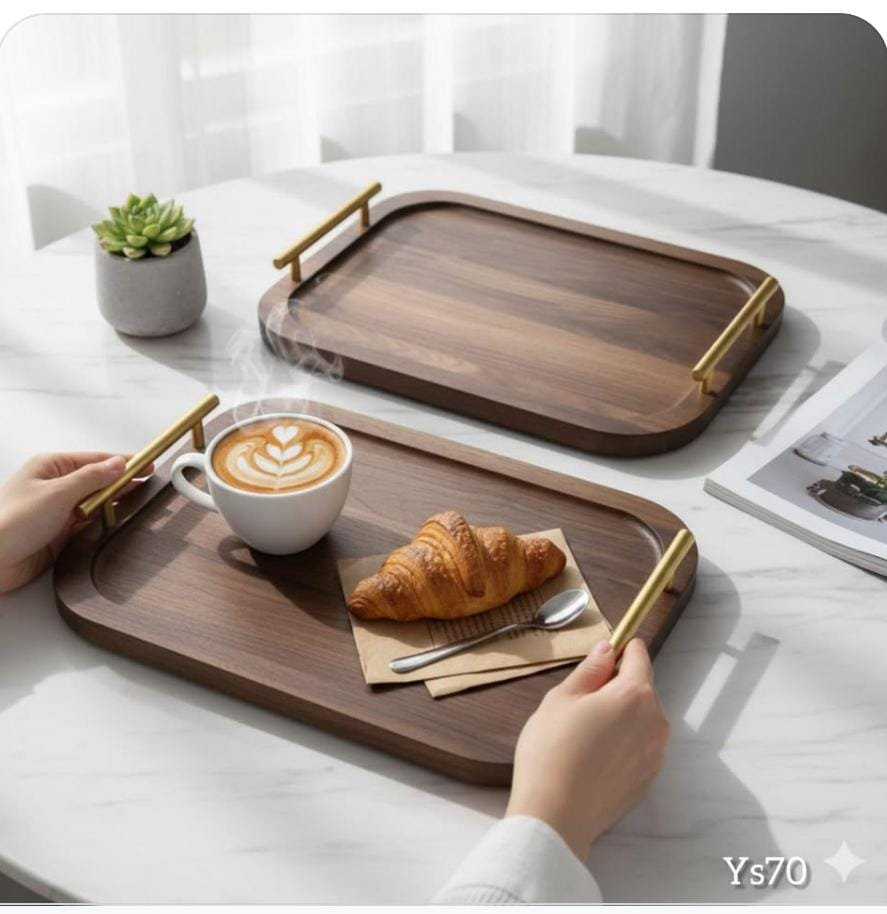 Set de 2 Plateaux en Bois avec Poignées Dorées