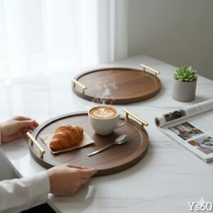 Set de 2 Plateaux Ronds en Bois avec Poignées Dorées
