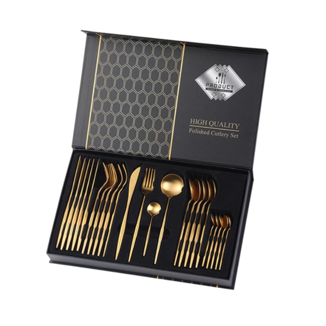 Service de Couverts 24 Pièces en Acier Inoxydable avec Coffret Cadeau - Doré – Image 5