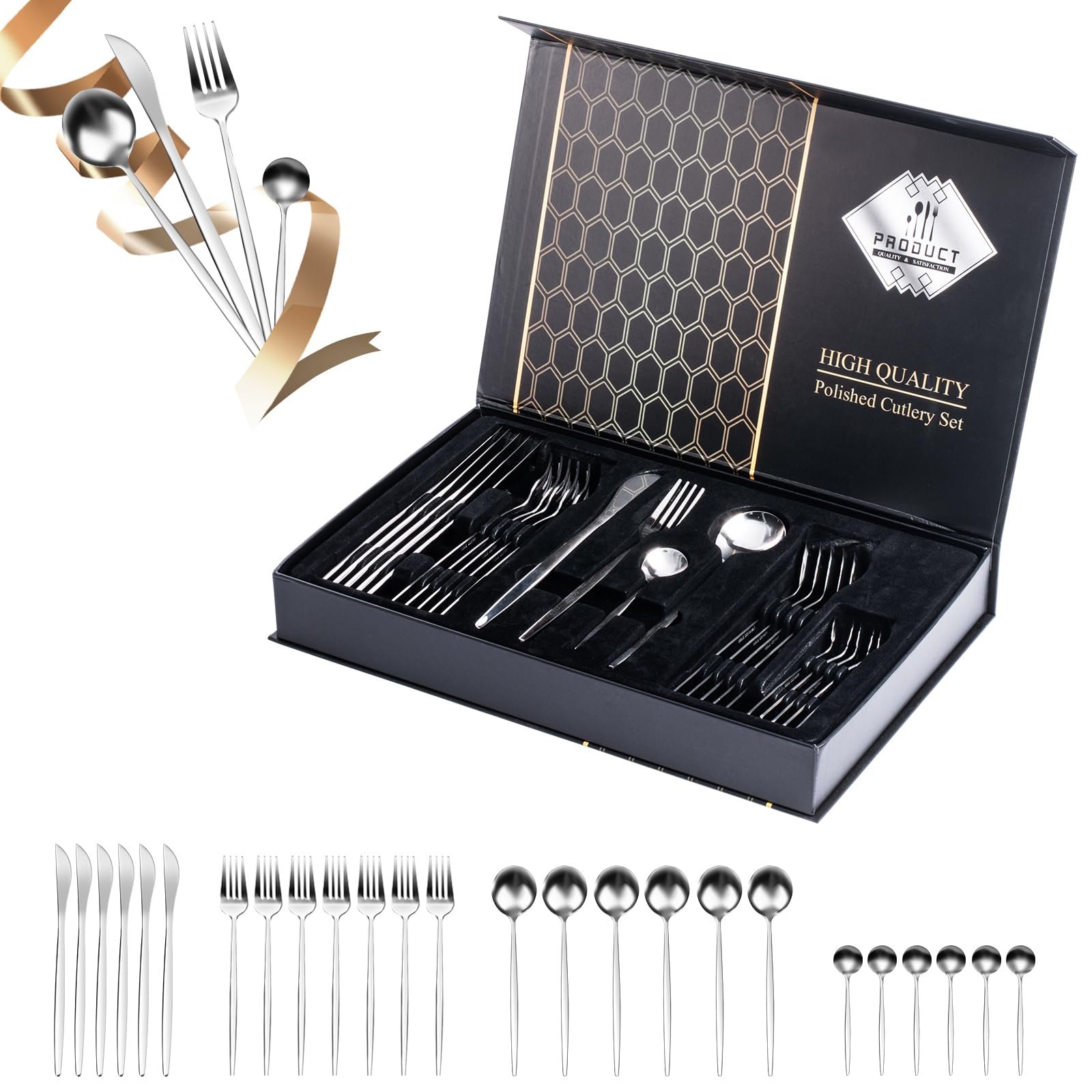 Service de Couverts 24 Pièces en Acier Inoxydable avec Coffret Cadeau - Argent