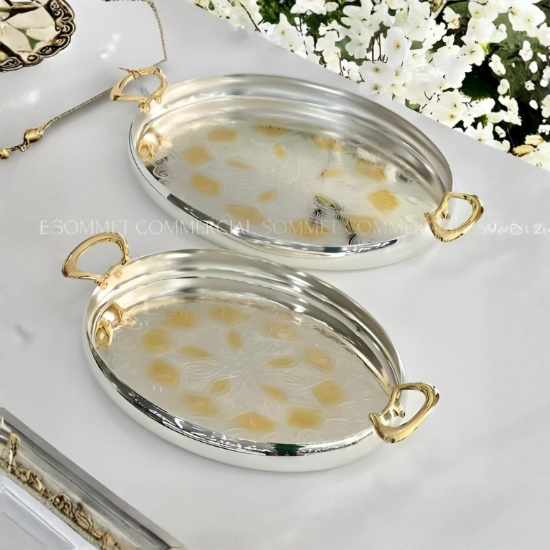 Série de 2 Plateaux en Inox 18/10 avec Poignées Dorées – Design Luxueux et Élégant