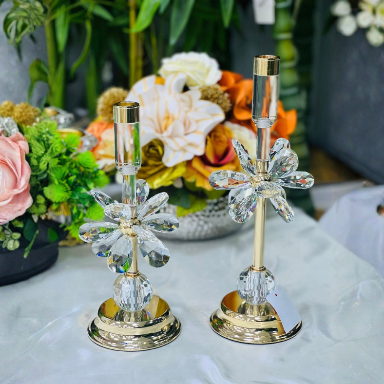 Set de 2 Porte-Bougies Cristal & Doré – Élégance Florale