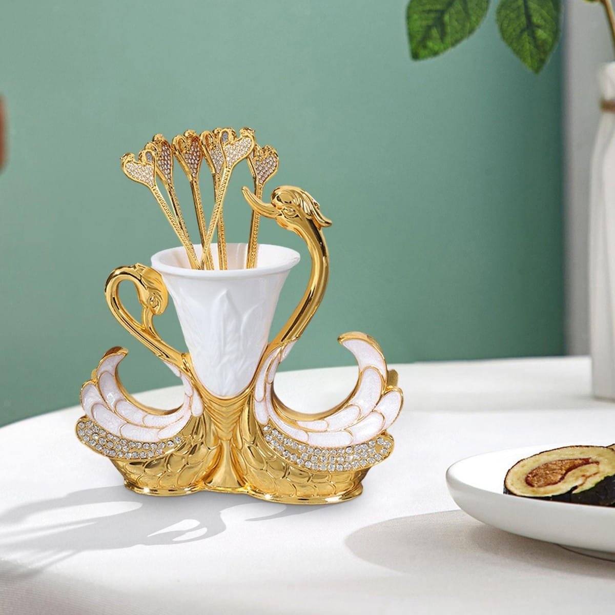 Ensemble de Cuillères sur Pied en Forme de Cygne – 6 Cuillères avec Support Doré Élégant