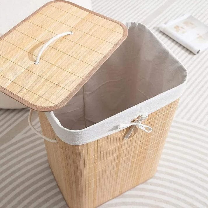 Panier à linge rectangulaire en bambou avec couvercle 39x29x56 cm – Écologique et pratique – Image 2