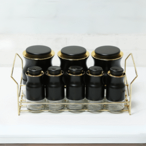 Set de 8 Pots à Épices en Verre avec Support Inox Doré – Organisation et Élégance en Cuisine