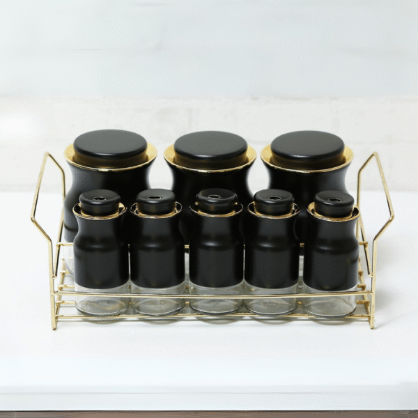 Set de 8 Pots à Épices en Verre avec Support Inox Doré – Organisation et Élégance en Cuisine