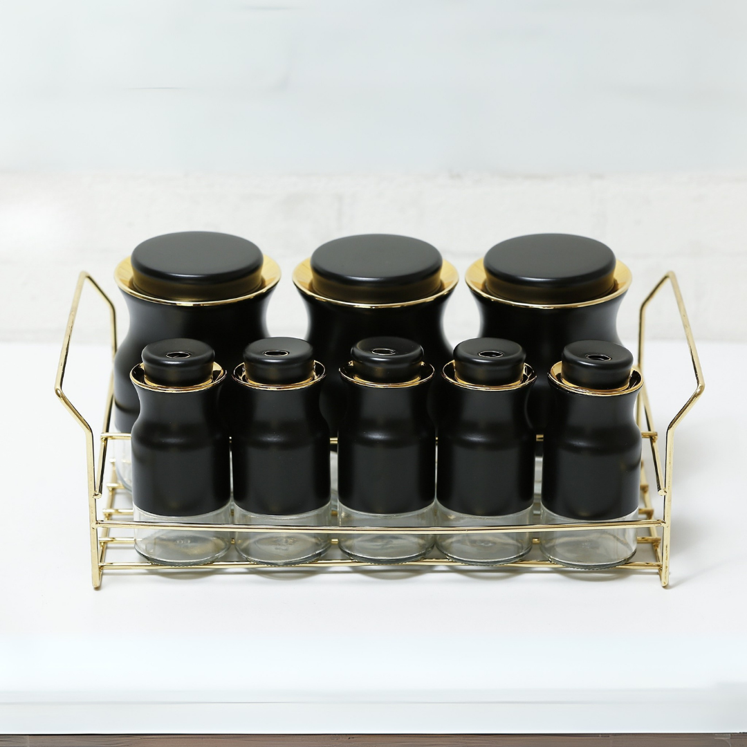 Set de 8 Pots à Épices en Verre avec Support Inox Doré – Organisation et Élégance en Cuisine