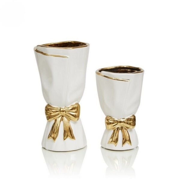 Set de 2 Vases de Luxe Blancs et Dorés avec Nœud – Décoration Chic