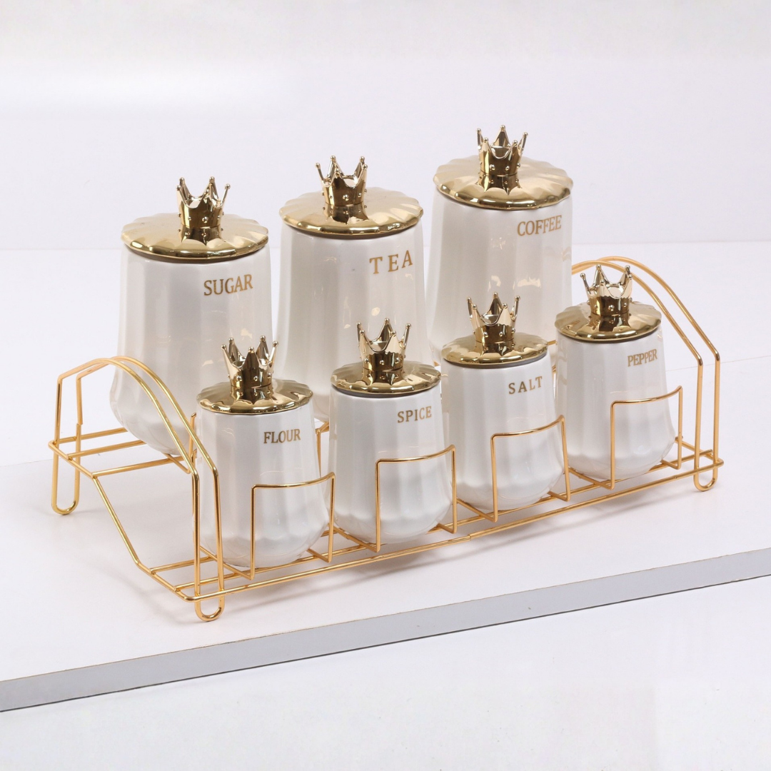 Set Porte-Épices 7 Pièces en Céramique avec Couvercle Couronne et Support