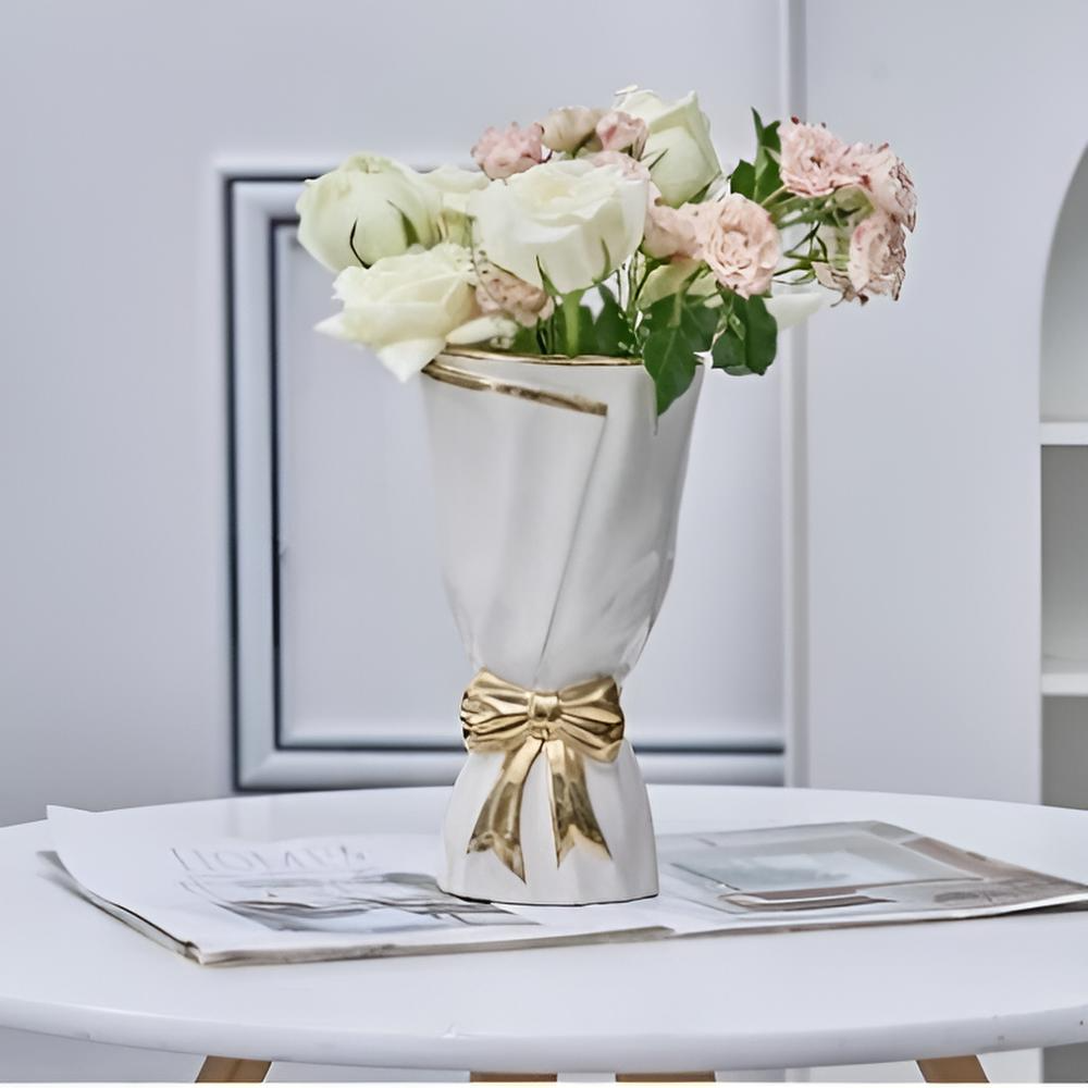 Set de 2 Vases de Luxe Blancs et Dorés avec Nœud – Décoration Chic – Image 2