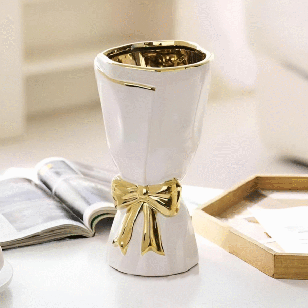 Set de 2 Vases de Luxe Blancs et Dorés avec Nœud – Décoration Chic – Image 3