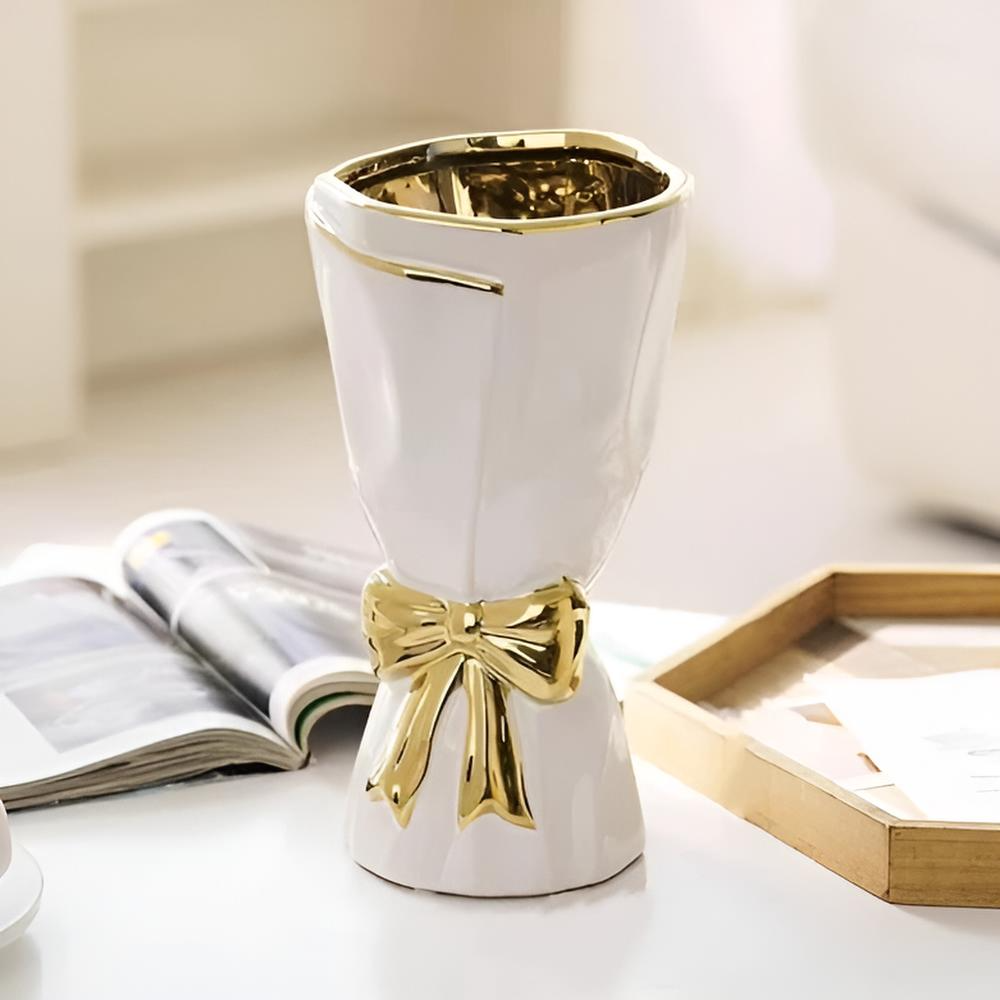 Set de 2 Vases de Luxe Blancs et Dorés avec Nœud – Décoration Chic – Image 3