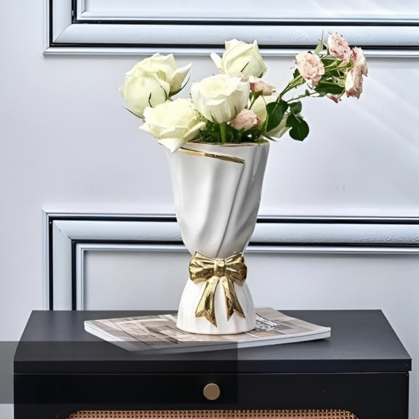 Set de 2 Vases de Luxe Blancs et Dorés avec Nœud – Décoration Chic – Image 4