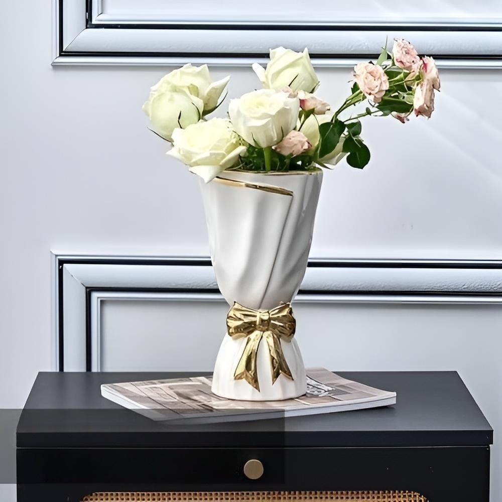 Set de 2 Vases de Luxe Blancs et Dorés avec Nœud – Décoration Chic – Image 4