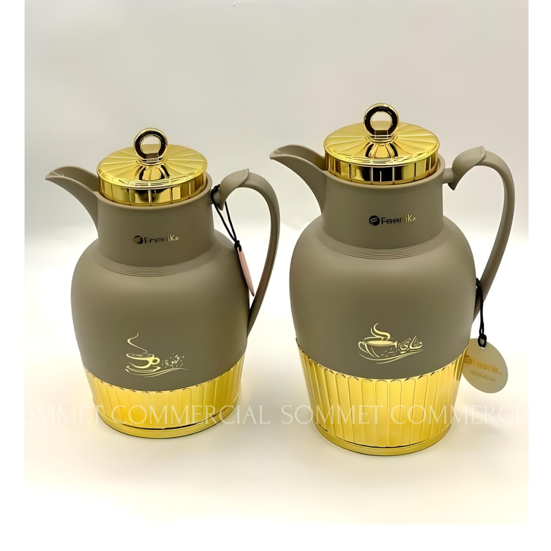 Set de 2 Thermos Isothermes à Pompe – 1L et 0.7L – Marron & Doré