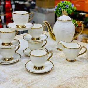 Service à Café au lait 17 Pièces en céramique Blanc & Doré – Modèle de Luxe
