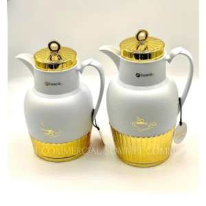Set de 2 Thermos Isothermes à Pompe – 1L et 0.7L – Blanc & Doré