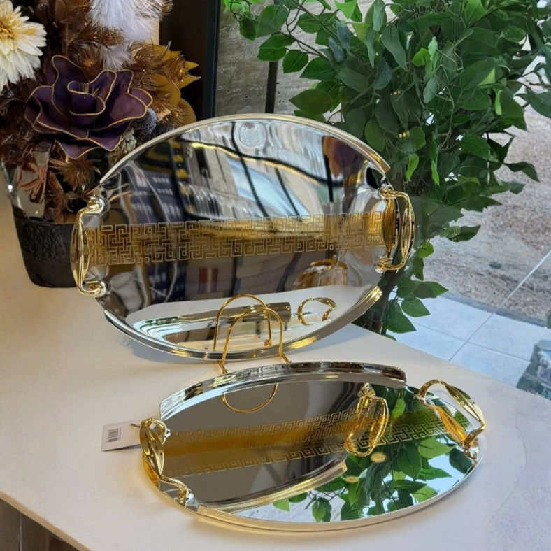 Série de 2 Plateaux en Acier Inoxydable 18/10 – Design Luxe avec Poignées Dorées