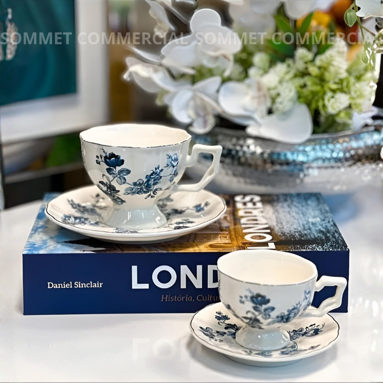 Coffret Service Café 12 Pièces en procelaine – Café au Lait & Café Turc Floral Bleu