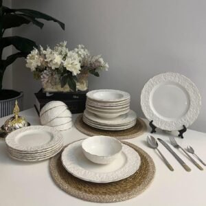 Service de Table AFGHANI 24 Pièces en Porcelaine – Bordure Dorée