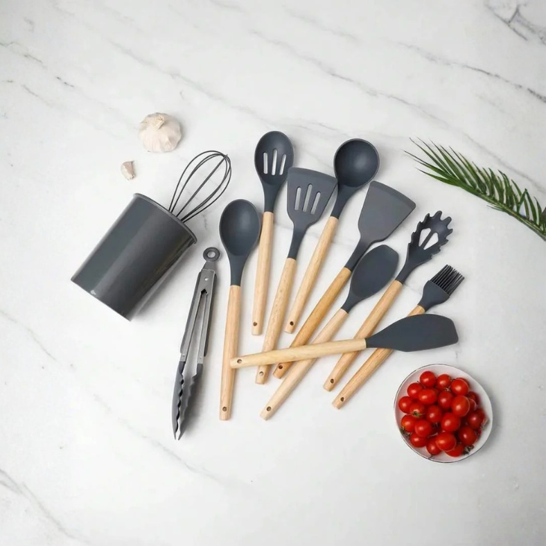 Ensemble d’Ustensiles de Cuisine en Silicone "Gris" – 12 Pièces avec Poignées Anti-Brûlure et Antidérapantes