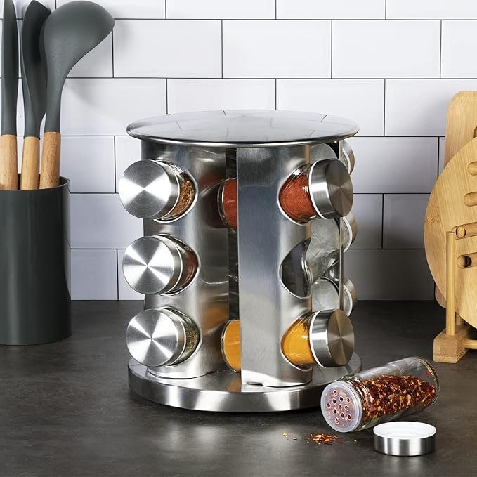 Tourniquet à Épices Rotatif 360° avec 12 Pots en Verre – Support à Épices en Acier Inoxydable – Image 2