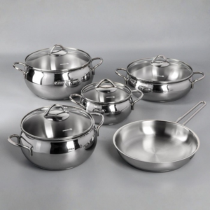Batterie de Cuisine Korkmaz Tombik en Acier Inoxydable – 9 Pièces Compatible Induction