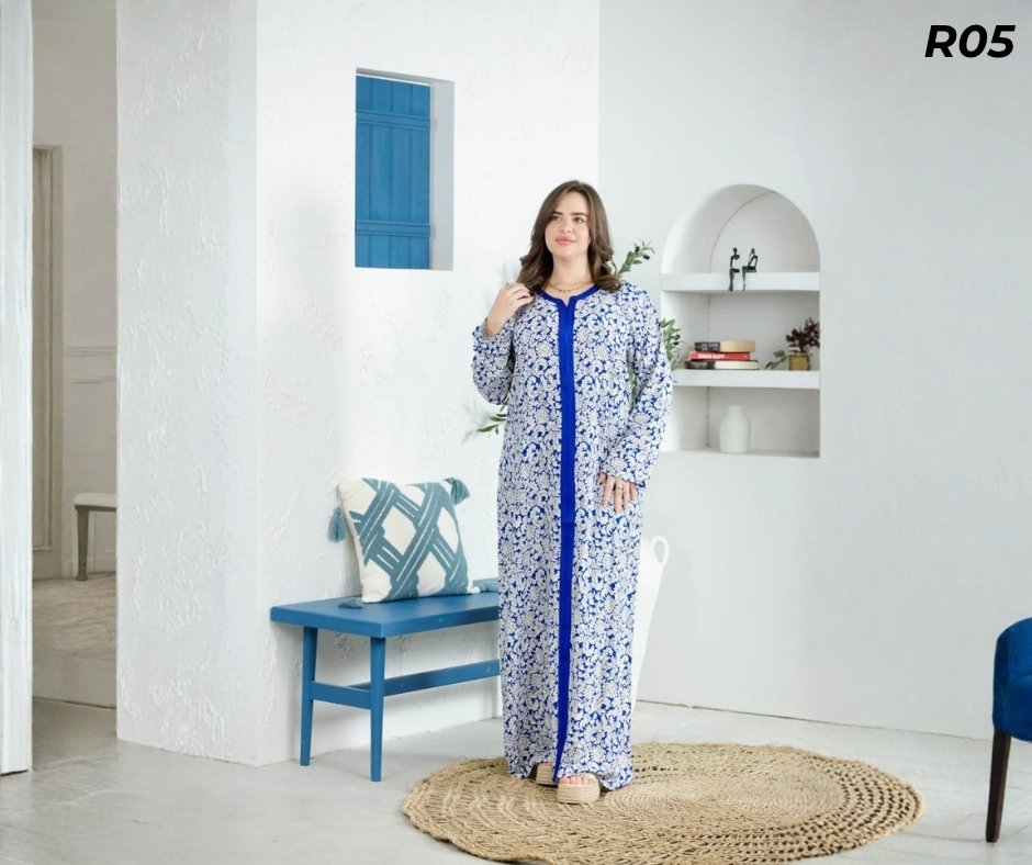 Robe Longue Fibrane Fleurs Botaniques Bleu Royal – Galon Bleu Vif | R05