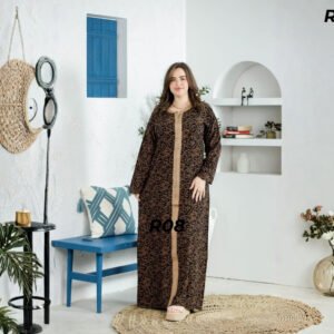 Robe Longue Fibrane Zébrures Camel Fond Noir – Galon Caramel Tressé | R08