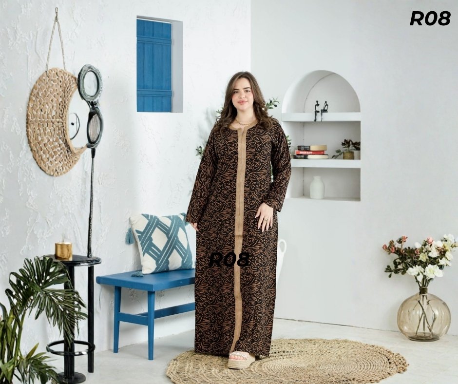 Robe Longue Fibrane Zébrures Camel Fond Noir – Galon Caramel Tressé | R08